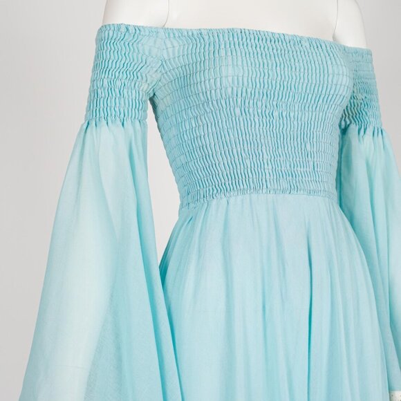 1970s Vintage Baby Blue Voile Shirred Angel Sleeve Off-the-Shoulder Dress Sz XS - Picture 6 of 7